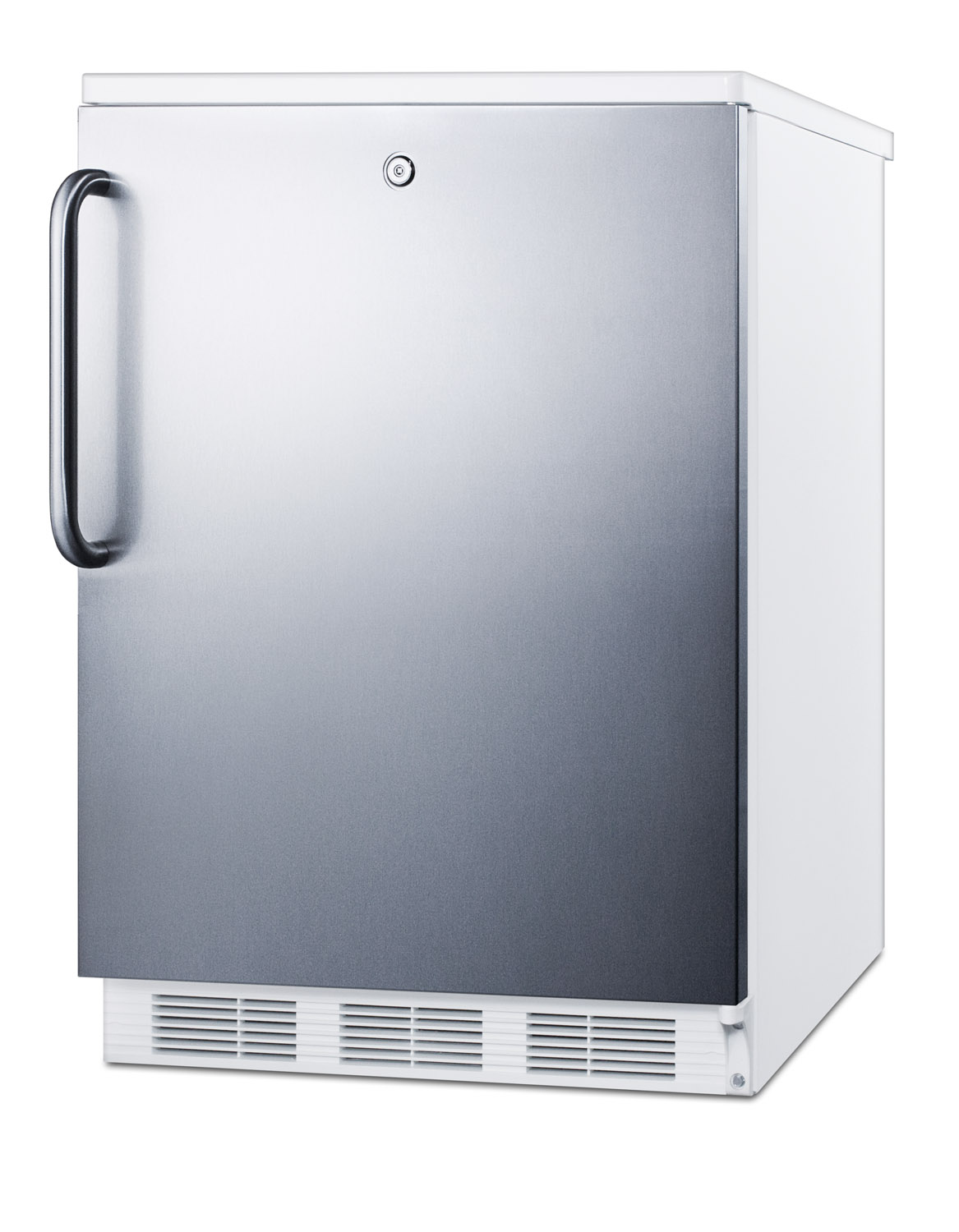 Freestanding refrigerator-freezer for general purpose use, with lock, dual evaporator cooling, cycle defrost, SS door, towel bar handle and white cabinet